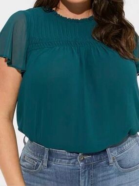 torrid Teal Pleated Yoke Flutter Sleeve Blouse